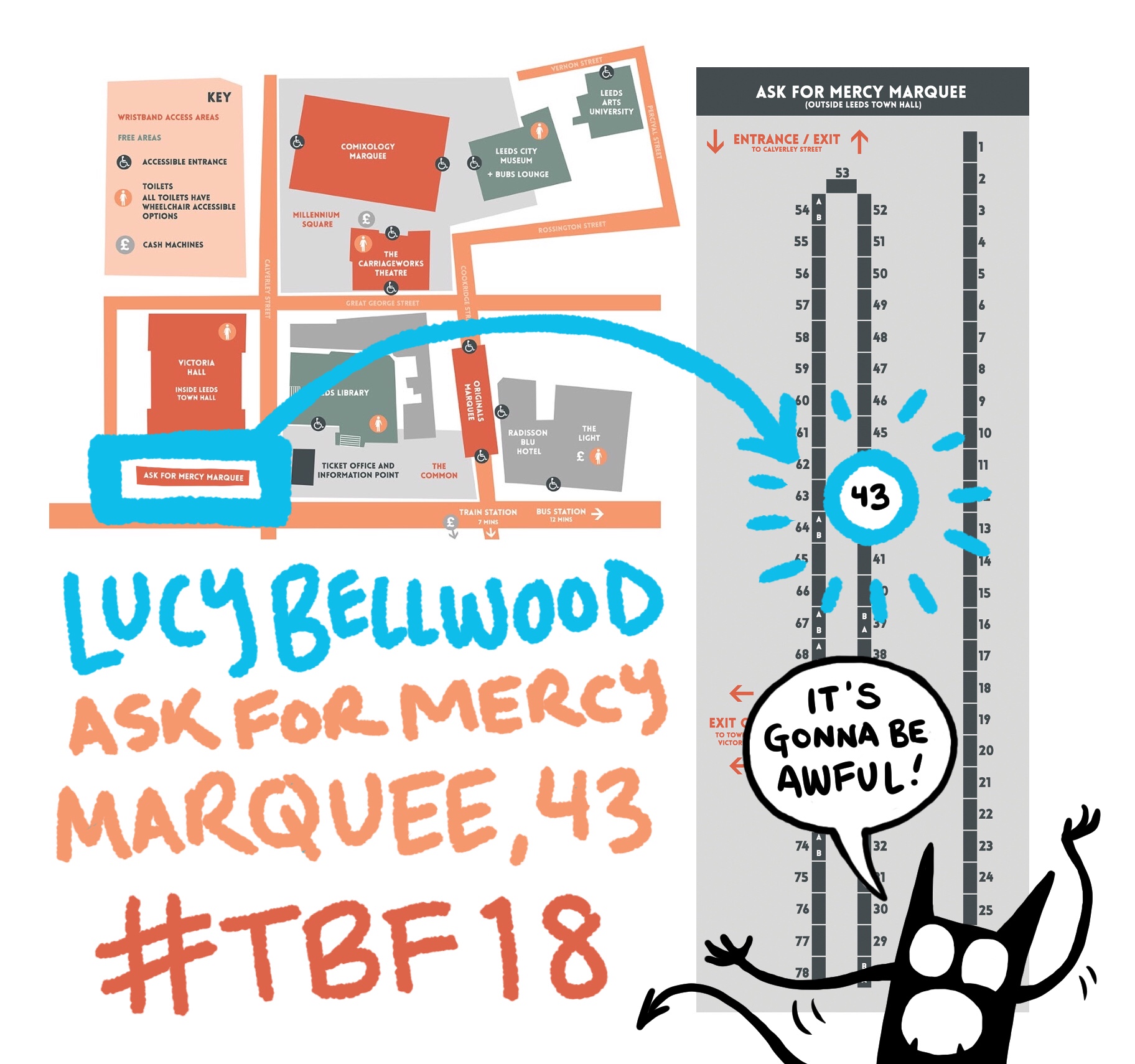 Map of Thought Bubble venue including table location. Lucy’s Demon screams “It’ll be awful!” From the lower right-hand corner.