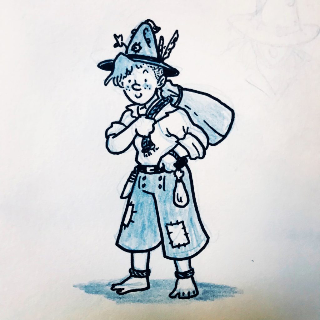 A drawing of a cute gnome wearing the pointy felt hat from earlier.