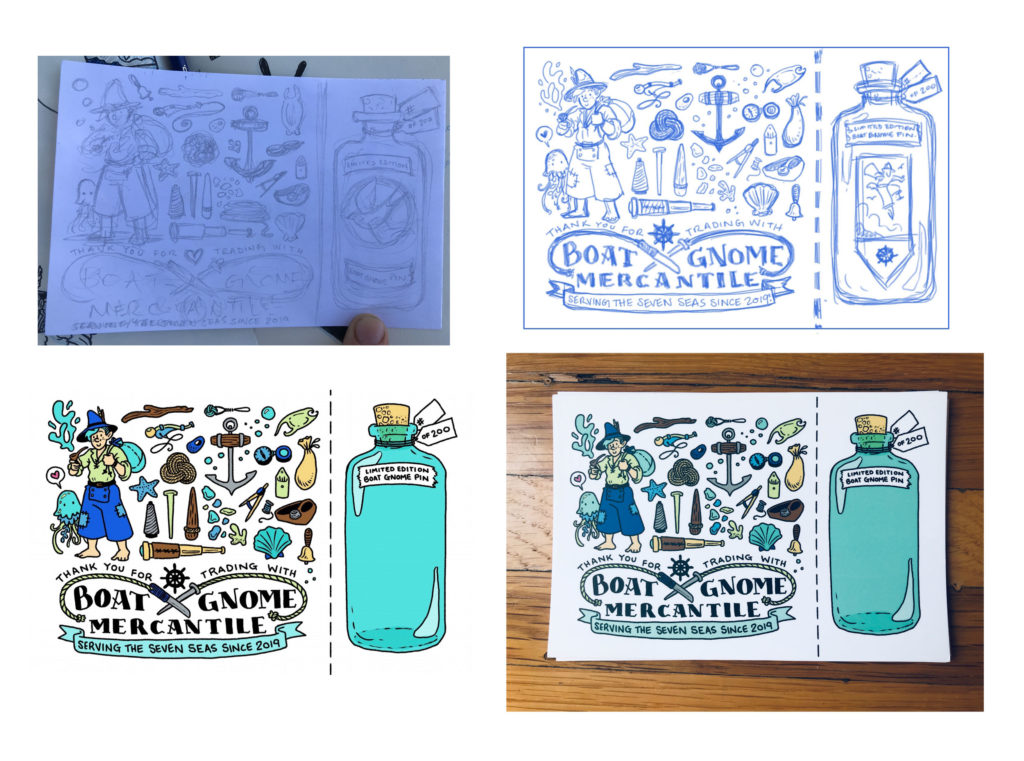 Step-by-step sketches of the postcard design from earlier.