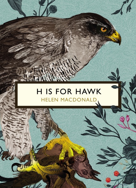 Vintage Classics edition cover of H is for Hawk by Helen MacDonald, illustrated with an elegant goshawk on a blue background.