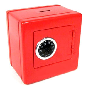 A squat red safe with a piggy bank slot in the top and a black combination lock on the door.