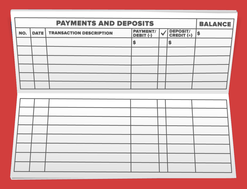 An unfolded checkbook with columns for Number, Date, Transaction Description, Debit, Credit, and Balance.