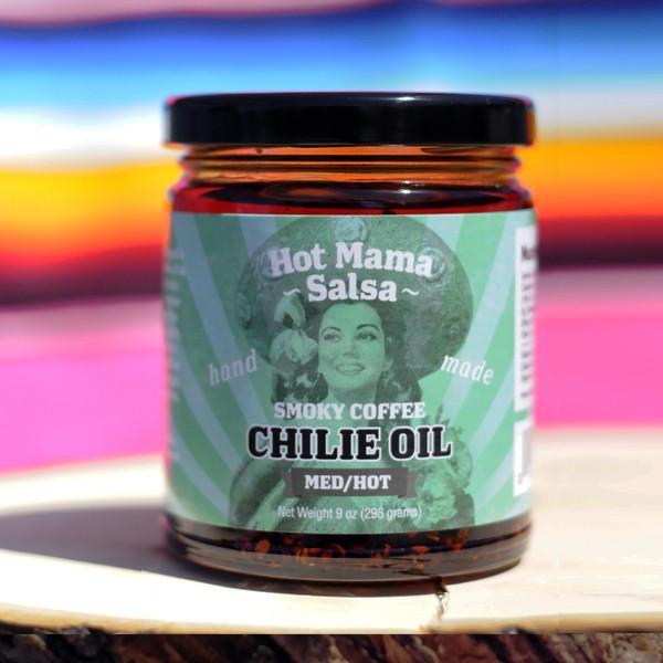A jar of Hot Mama Salsa's Smoky Coffee Chilie Oil.