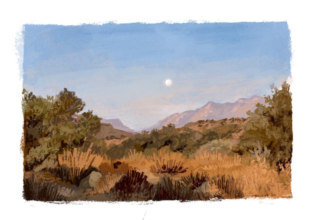 A dusky digital painting of a desert at dawn. The sky is light blue and there's a tiny moon rising above pink mountains. The foreground is full of yellow, scrubby brush.