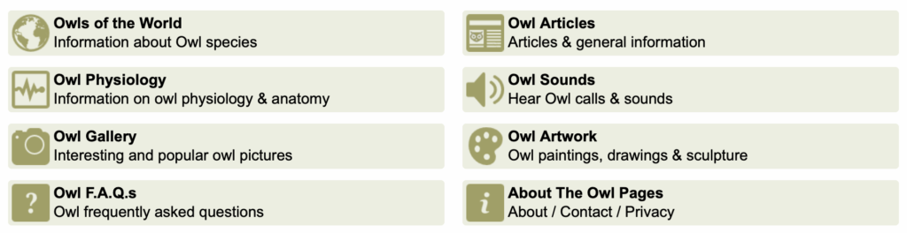 A screenshot from Owl Pages Dot Com showing eight sections titled Owls of the World, Owl Physiology, Owl Gallery, Owl FAQs, Owl Articles, Owl Sounds, Owl Artwork, and About the Owl Pages.