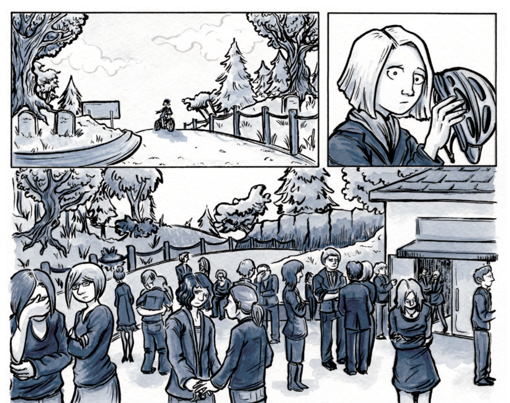 Three illustrated comics panels done in ink with a grey-blue watercolor wash. Panel one: a woman rides up a hill on a bike. Panel two: she takes off her helmet, looking sad and worried. Panel 3: a wide shot of mourners at a funeral, all looking back at her.