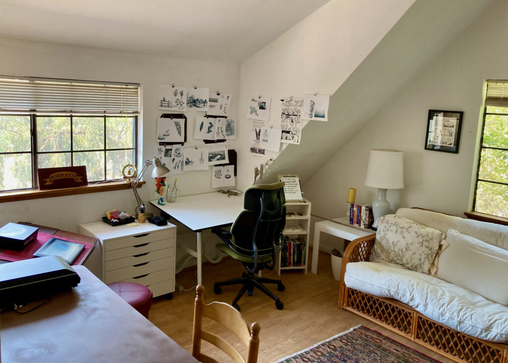 A light, airy studio space with a white desk, an office chair, and a flat file. There are pieces of art tacked to the walls and two windows looking out onto greenery. There's a white futon couch against one wall and a Persian rug on the floor.