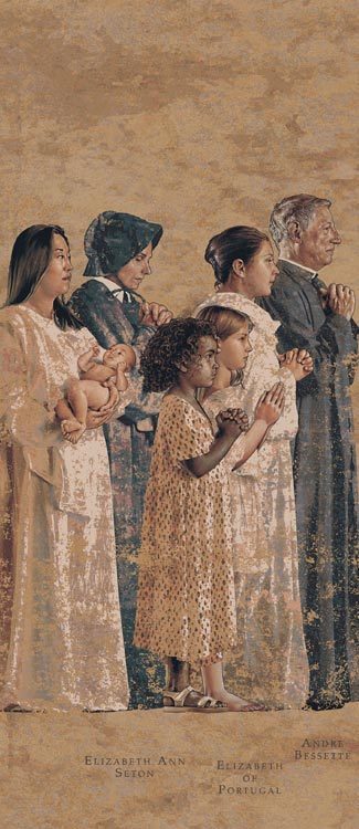 A panel from John Nava's communion of the saints tapestry from the Cathedral of Our Lady of the Angels. A group of pious-looking figures all face to the right, hands clasped in prayer, wearing a variety of garments. In their midst in a young girl with blonde hair.