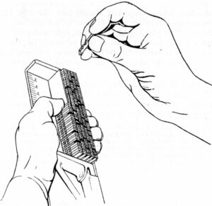 A line drawing of setting type by hand. Right right hand holds an individual piece of type, the left holds a composing tray full of letters.