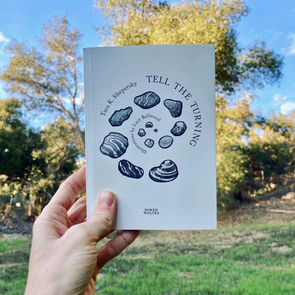 A hand holding up a copy of Tell the Turning against a grassy field and sunlit trees and a blue sky. The cover of the book is simple white with a spiral of illustrated stones.
