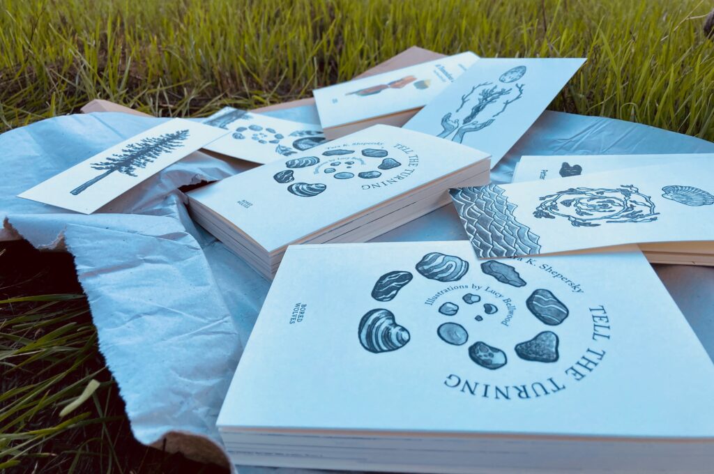 A spread of white paperback books, all copies of Tell the Turning. There's a spiral of grey rocks on the cover, plus a few postcards scattered around. The books lie in a grassy field.
