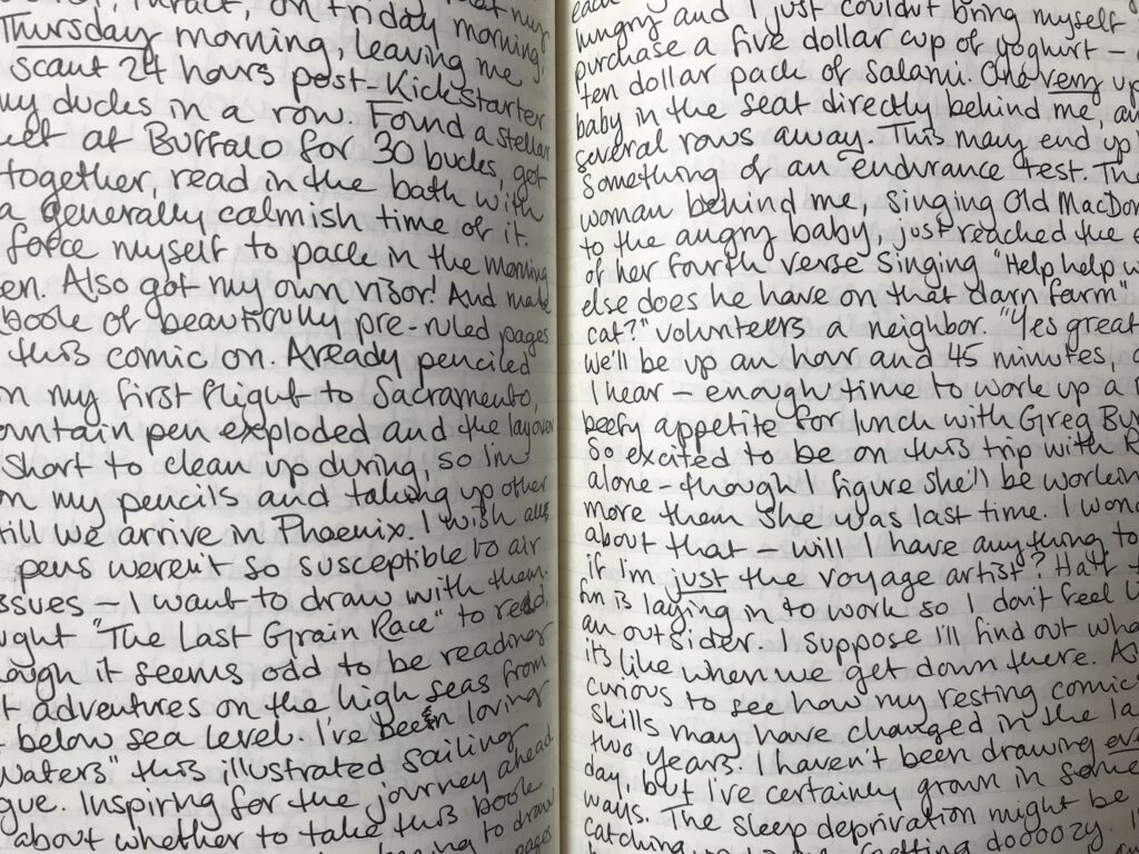A dense spread of handwritten text in black and white, photographed from a journal.