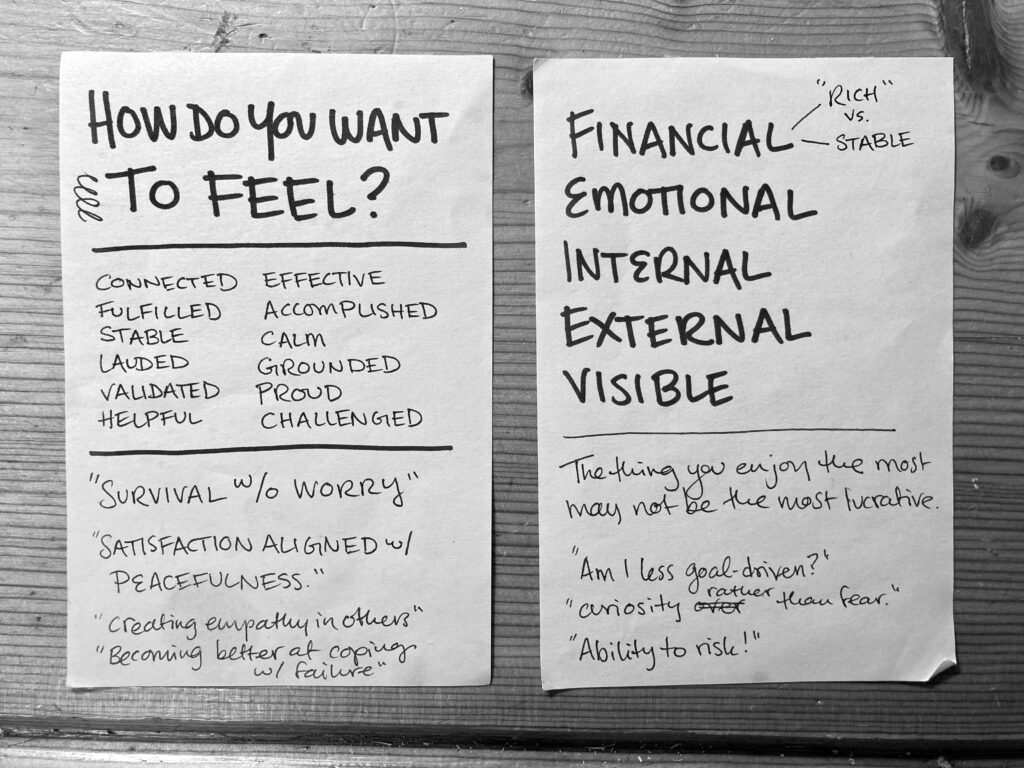 A photograph of two bits of paper. The first has "How do you want to feel?" written across the top with a list of adjectives below. They include connected, fulfilled, stable, lauded, validated, helpful, effective, accomplished, calm, grounded, proud, challenged. Below that are phrases like "Survival without worry" and "Creating empathy in others". The page on the right lists five categories "Financial, Emotional, Internal, External, and Visible".