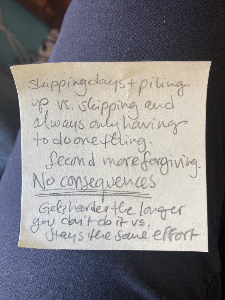 A post-it note with "skipping days and piling up vs. skipping and always only having to do one thing. Second more forgiving. No consequences. Gets harder the longer you don't do it vs. stays the same effort."