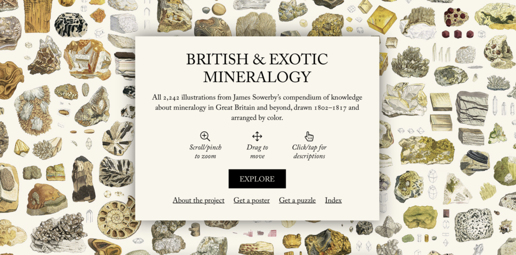 A screenshot of British and Exotic Mineralogy, a website organizing illustrations of rocks in an interactive, color-coded map.