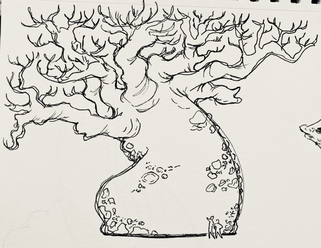 An ink drawing of a lumpy, leafless tree with two tiny people at the base of it.