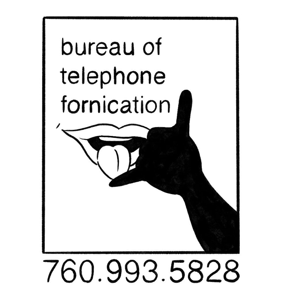 A black and white image of a hand making the "call me" sign with pinkie and thumb extended, beside a mouth with its tongue out. The text above reads bureau of telephone fornication