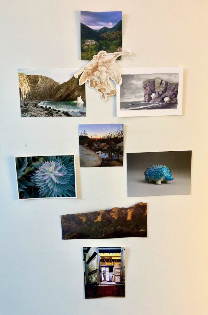 A collage of postcards on a white wall. They features images of the Ojai valley, seascapes with rocky arches, an angel holding a trumpet, succulents with sharp leaves, a tiny hedgehog.