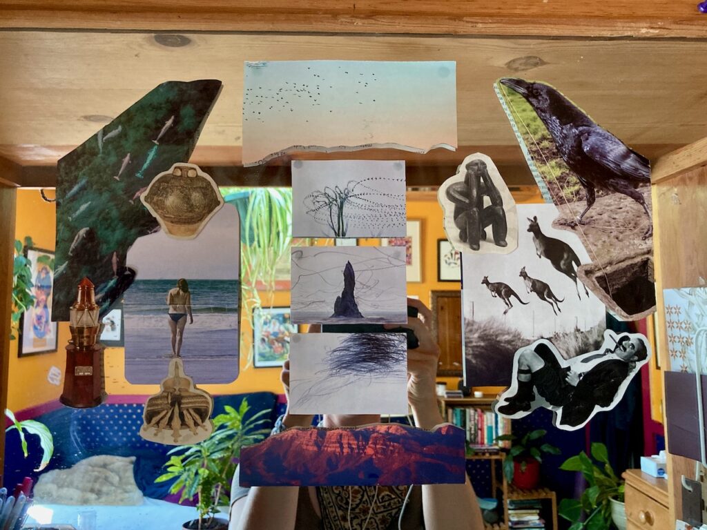 A collage on a mirror in Lucy's bedroom. There's photos of swarming swallows, kangaroos, a woman standing on the seashore, a lighthouse, dolphins. A crow. Groucho Marx.