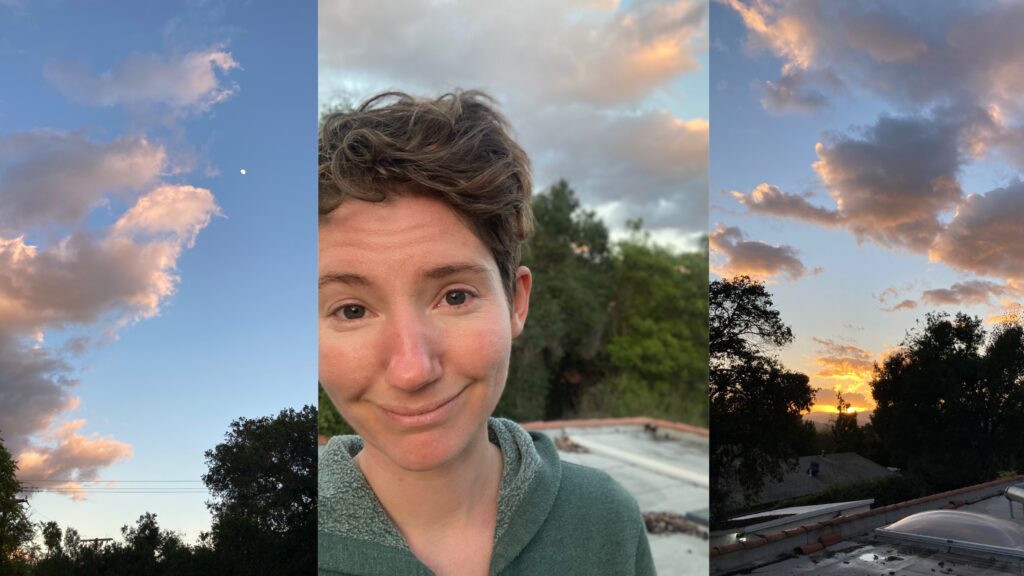 A triptych photo of the waxing moon, Lucy smiling at the camera, and a golden sunset.