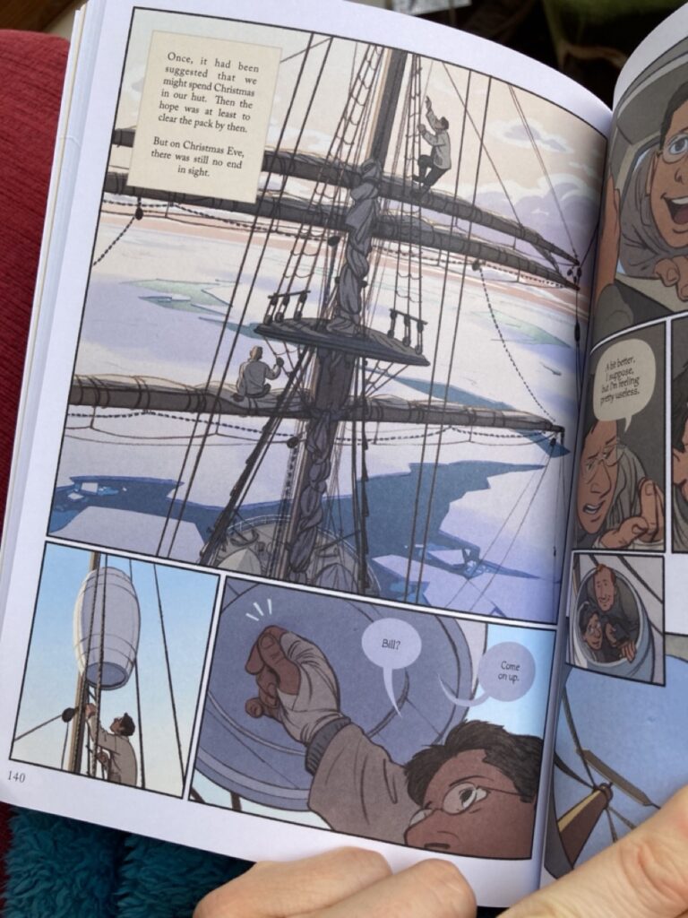 A page from "The Worst Journey in the World" showing a view of pack ice from the rigging of a tall ship.