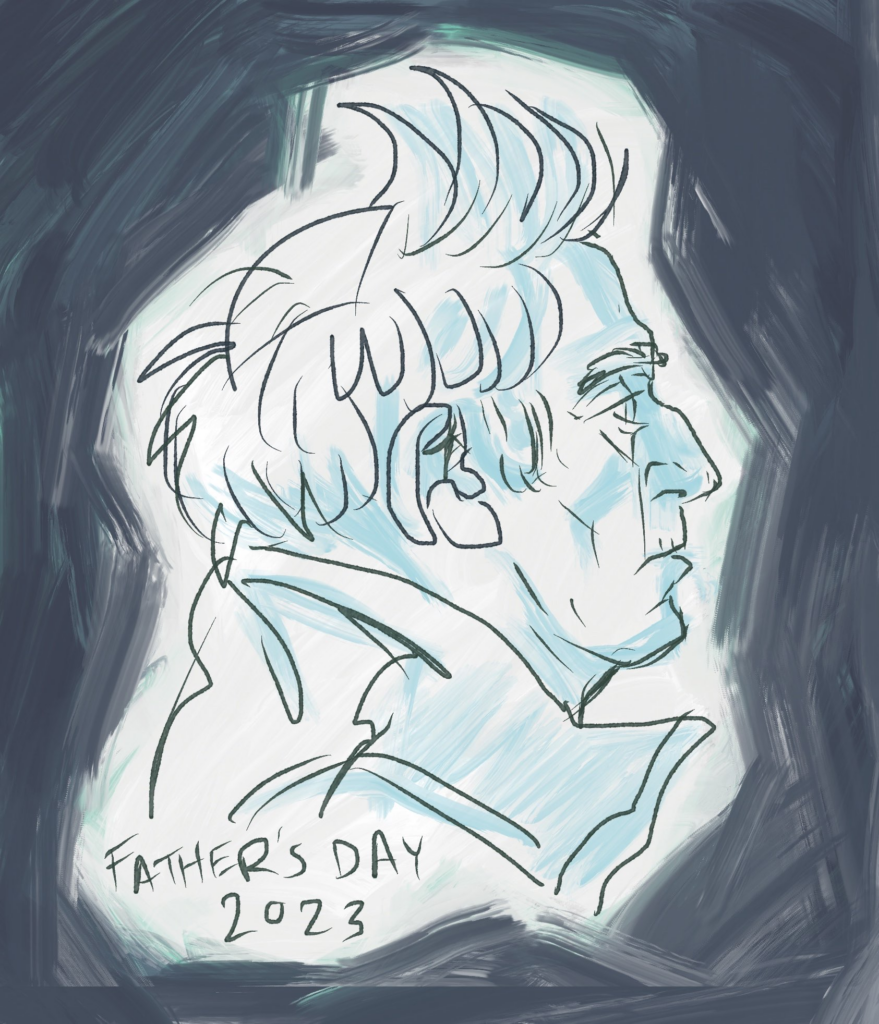 A sketchy drawing of an old man with spiky hair in profile.