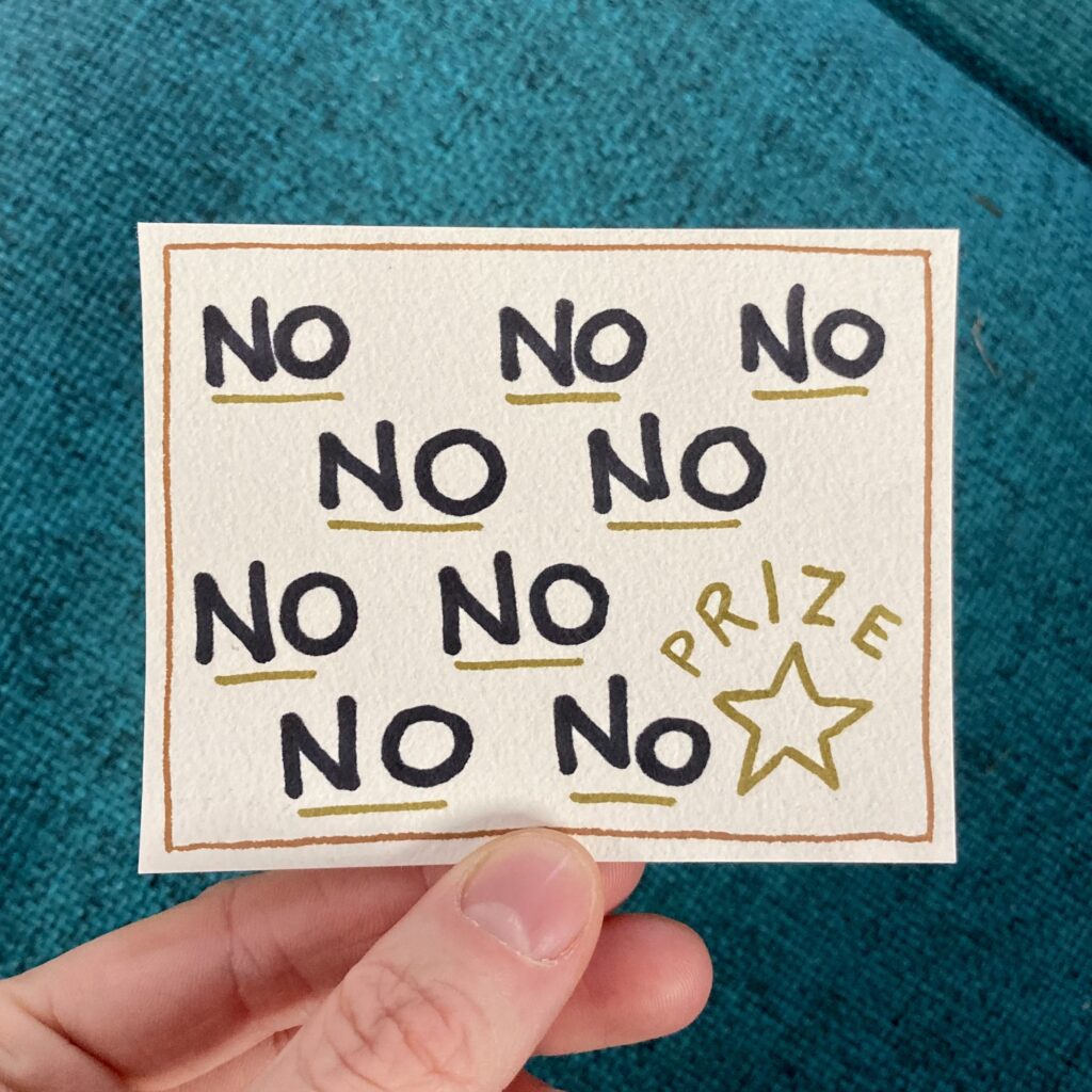 A punch card full of the word no with a star in the corner labelled prize.