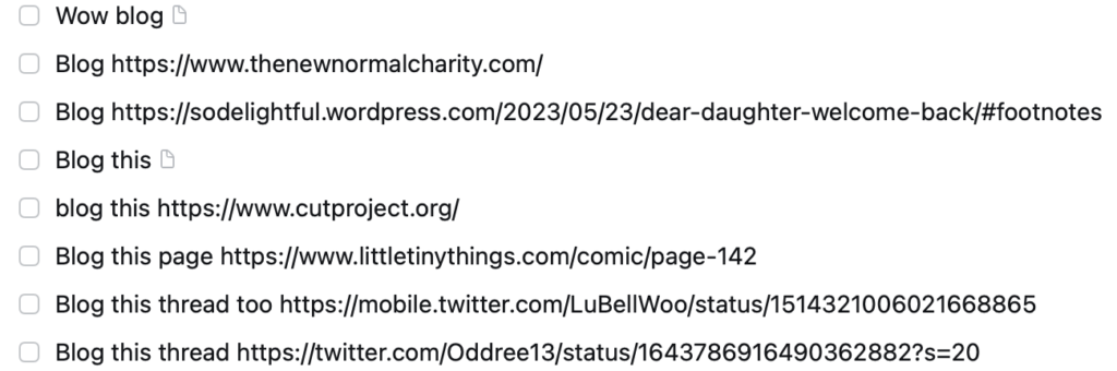 A to-do list full of eight different links with "Blog this" written in front of them.