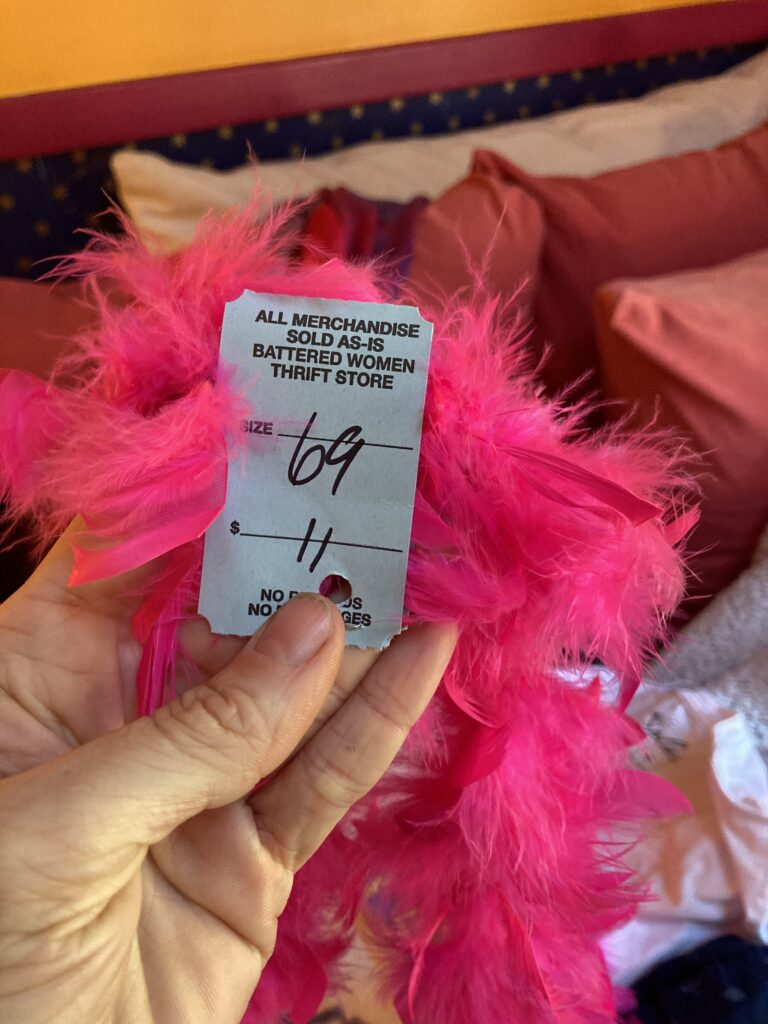 A pink feather boa with a 69 cent price tag.