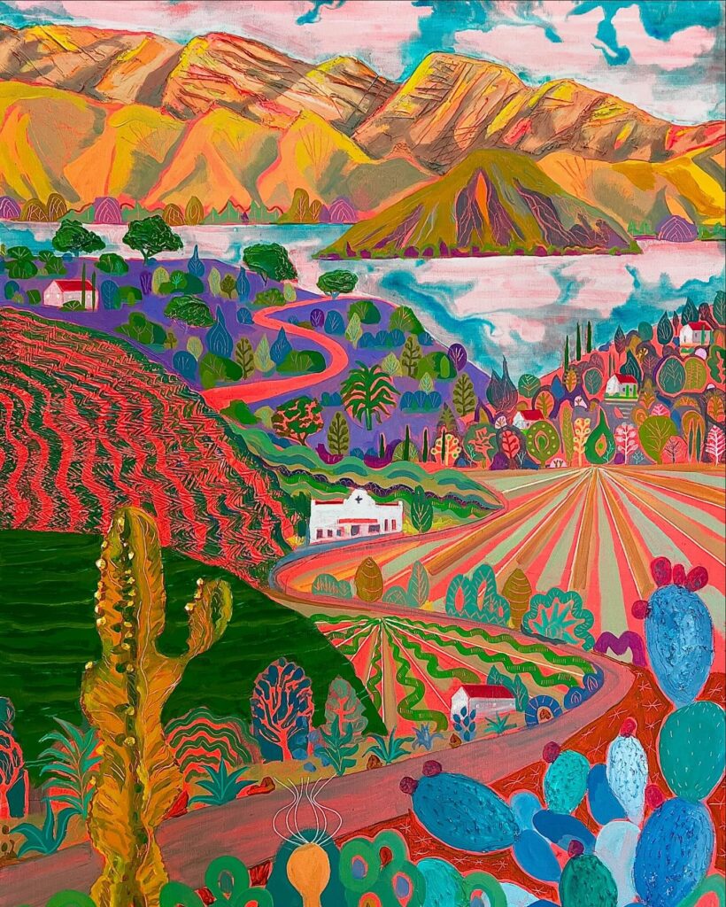 A vibrant painting by Christopher Noxon showing a riot of pink and green undulating and radiating fields, buildings, mountains, cacti, and lakes.