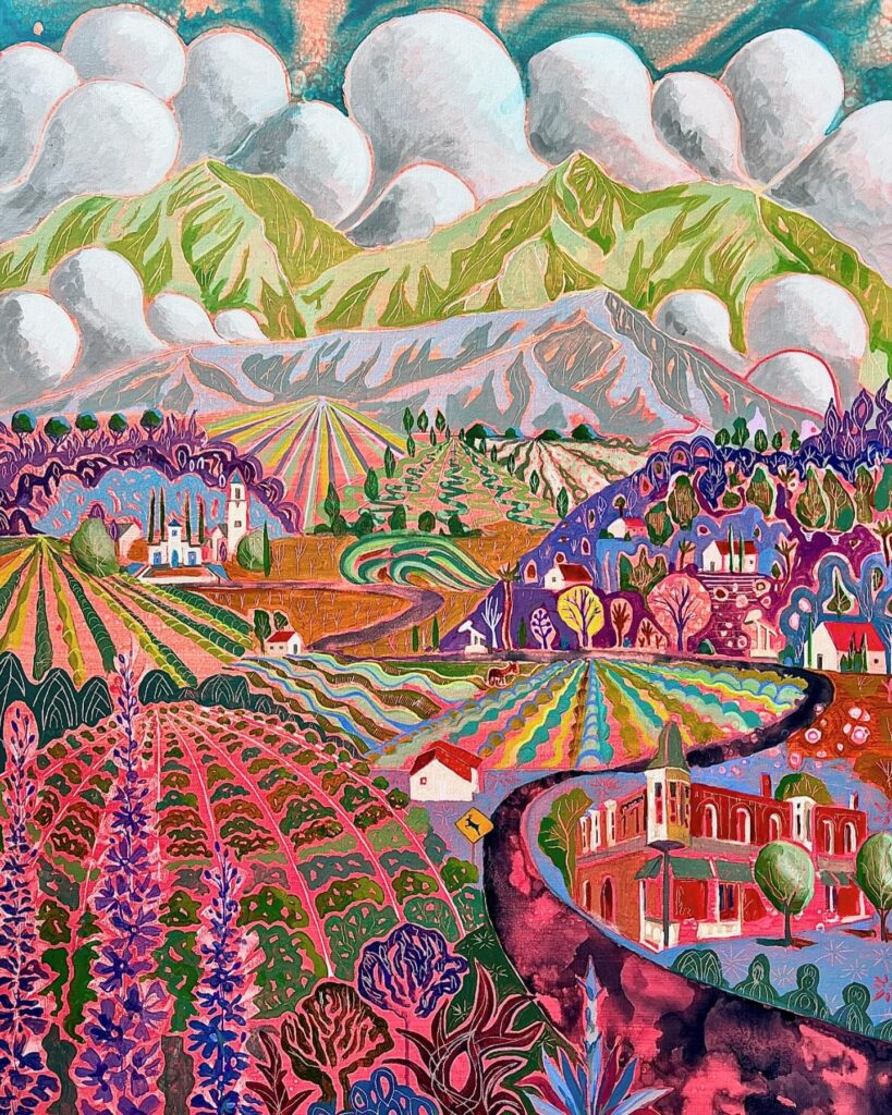 A vibrant painting by Christopher Noxon showing a riot of pink and green undulating fields, buildings, mountains, and rivers.