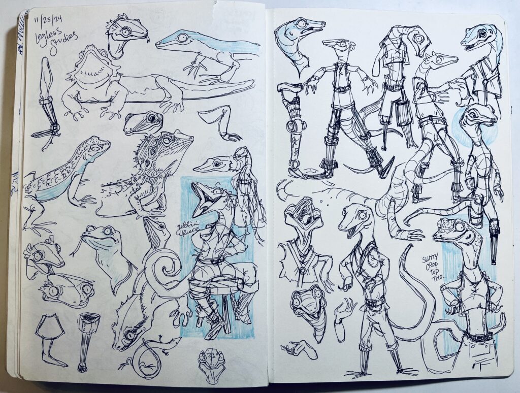 A dense sketchbook page full of goofy lizards.