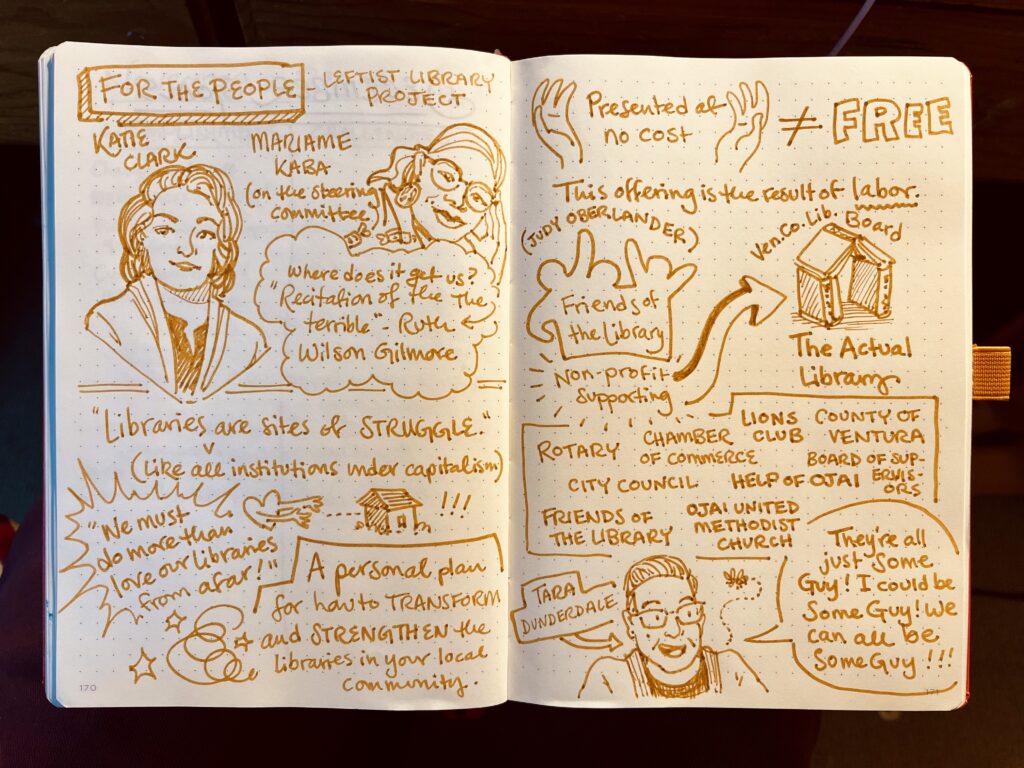 An illustrated page of portraits and quotes from For The People's informational webinar on library structures.