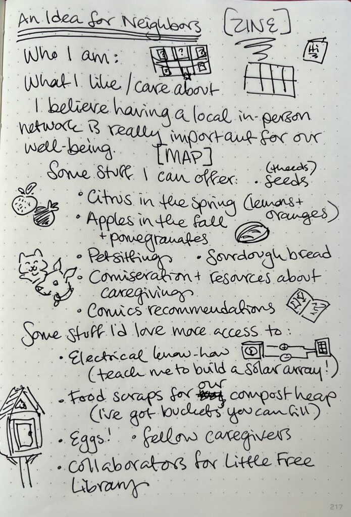 A page of notes on creating a zine for the neighborhood.