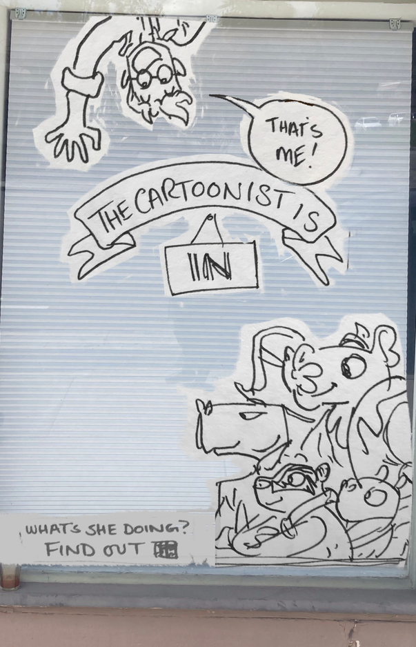 A sketch of Lucy in the window to her studio with some illustrated characters and a sign saying "The cartoonist is in"