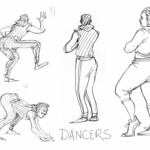 Four pen sketches of the dance ensemble from Redwood striking various hip hop poses in athletic wear.