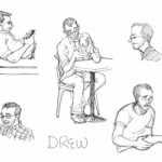 Four pen sketches of Drew, the protagonist's love interest.