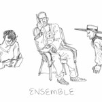 Three sketches of ensemble members, mostly talking on the phone.