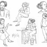 Several pen sketches of Meg, the protagonist from the production.