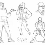 Four pen sketches of Stevie, the uncle from the production.